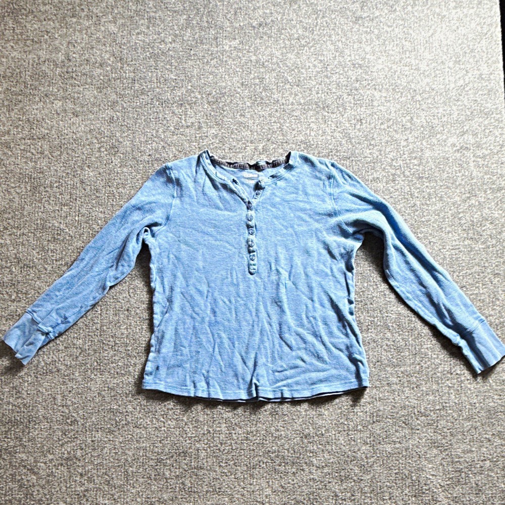L.L.Bean Womens Blue Solid Knit Henley Top Long Sleeve Button Accent L Reg